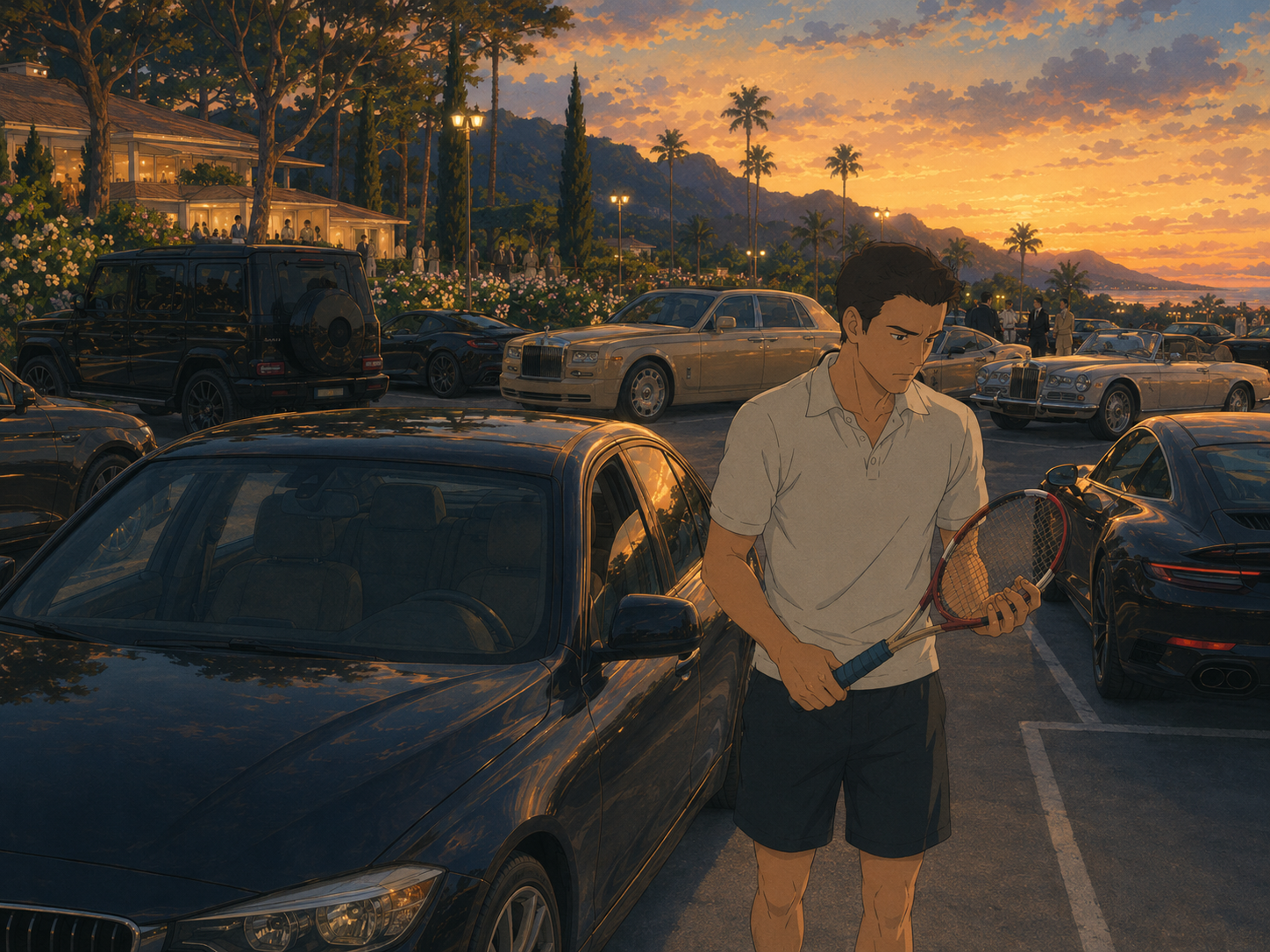 Ross attraversa il parcheggio del club tra auto di lusso, con la racchetta in mano e il tramonto sullo sfondo.