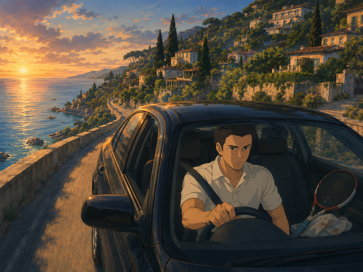 Ross guida lungo la strada costiera di Monteluce al tramonto, con la racchetta sul sedile del passeggero.