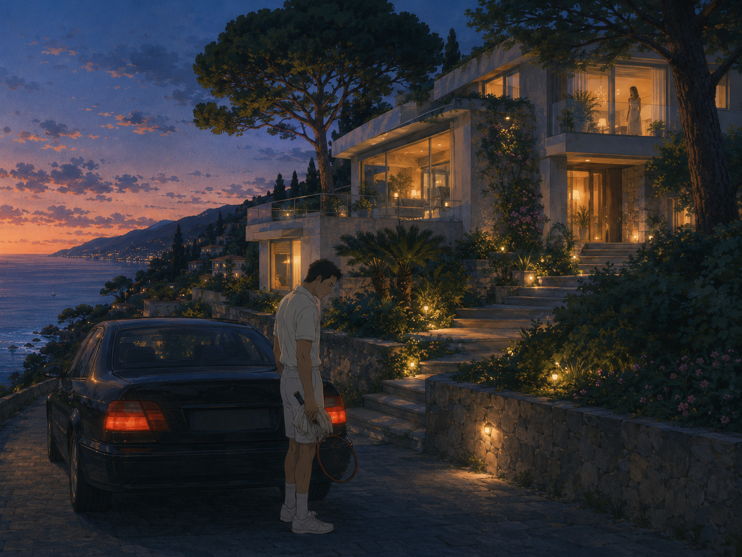 Ross si ferma accanto alla BMW davanti alla casa illuminata, con Camille visibile dietro una finestra.