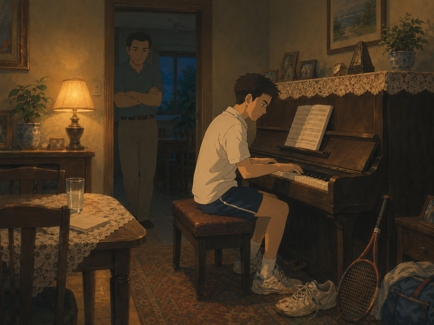 Un Ross più giovane suona un pianoforte verticale mentre il padre lo osserva dalla soglia.