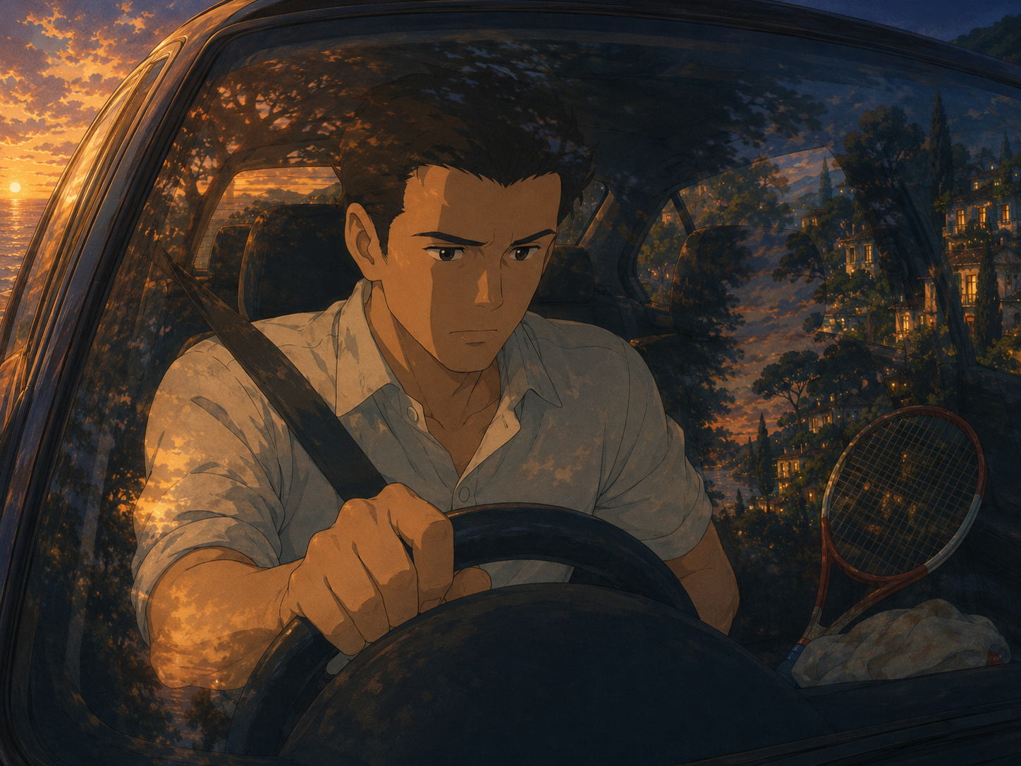 Ross guida con lo sguardo chiuso dietro il parabrezza, mentre il tramonto e le ville si riflettono sul vetro.